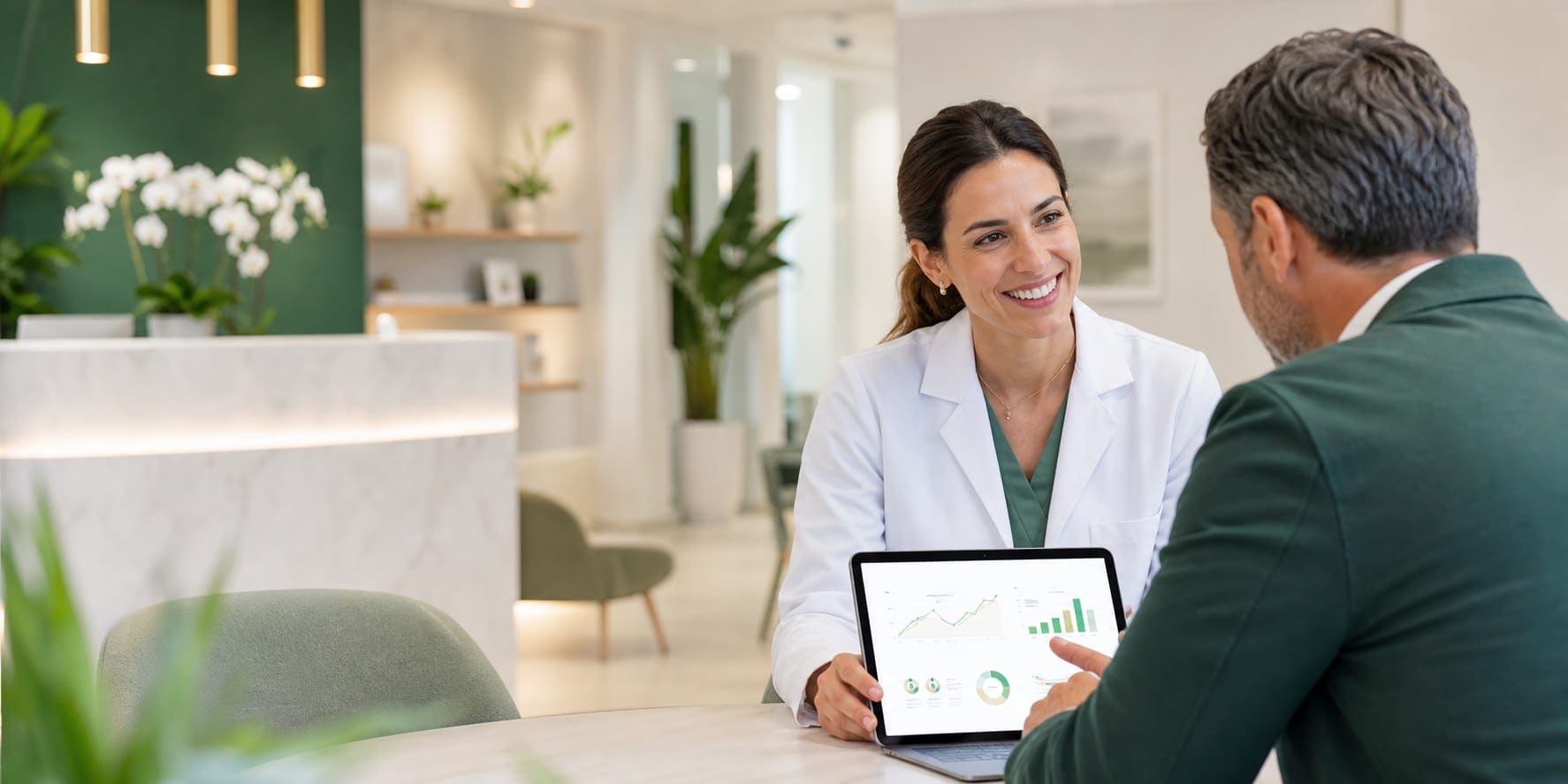 Equipo revisando datos de marketing sanitario para una clínica privada
